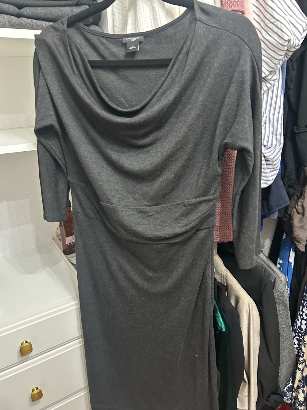 Ann Taylor Charcoal Gray Cowl Neck Long Sleeve Dress
